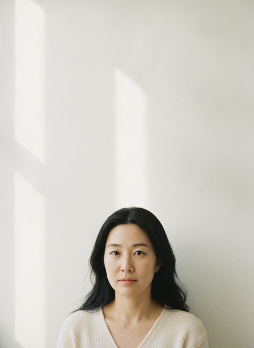 리넨색 배경 앞에 선 30대 후반 한국인 여성의 세로 상반신
