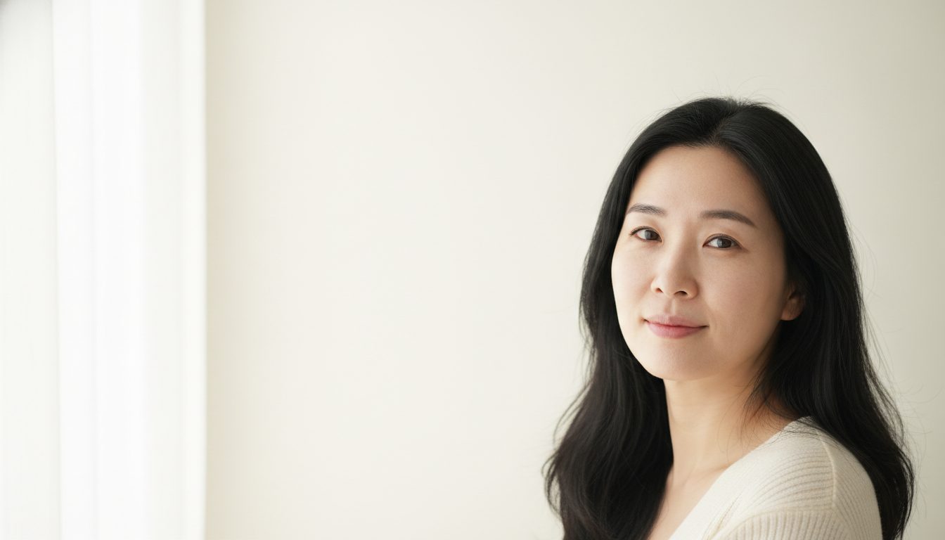 밝은 리넨색 배경 앞에서 정면을 바라보는 30대 후반 한국인 여성의 상반신