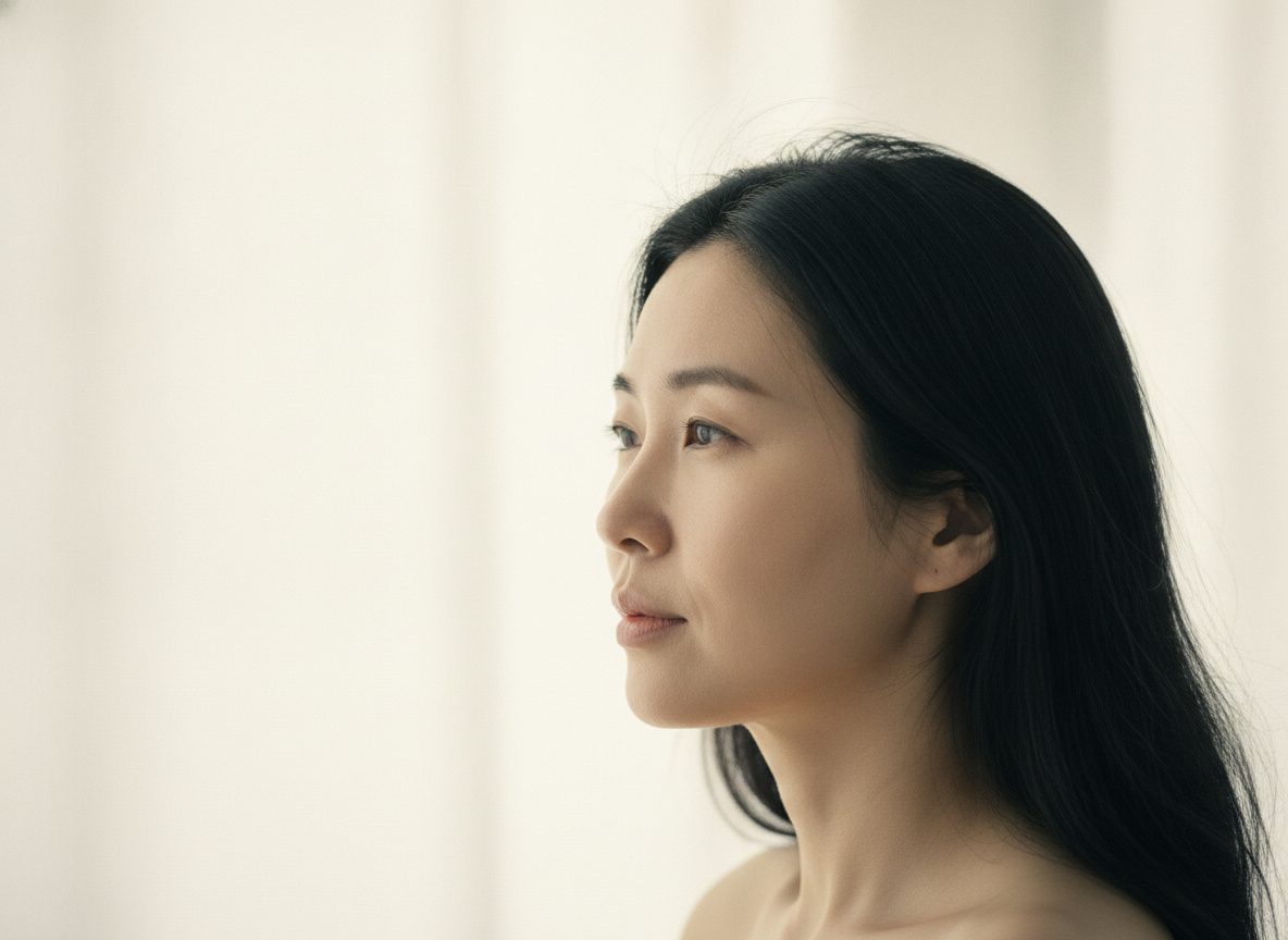 옆에서 본 얼굴에서 앞볼 가운데가 꺼져 그늘이 진 모습