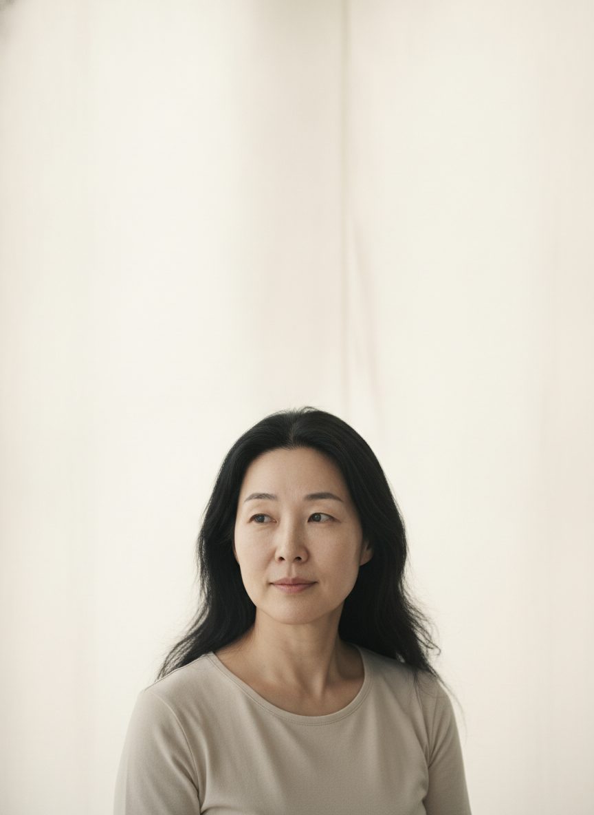 페일 샌드 배경 앞에 선 40대 후반 한국인 여성의 세로 상반신