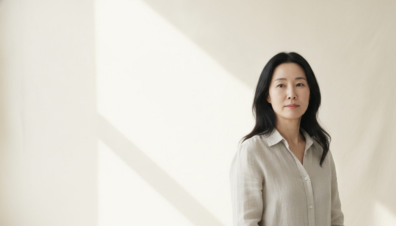 밝은 페일 샌드 배경 앞에서 옆으로 시선을 두고 서 있는 40대 후반 한국인 여성의 상반신