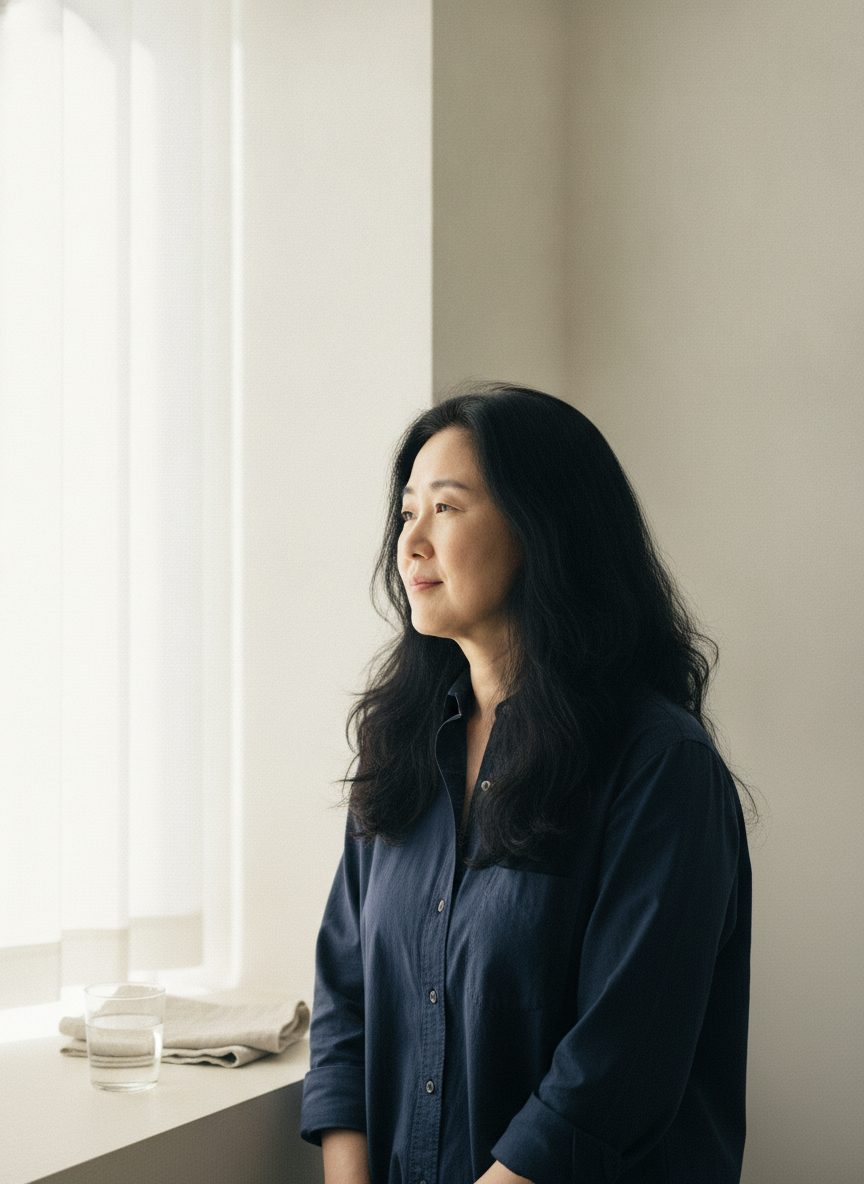 아침 빛이 드는 창가에서 컨디션이 편안해 보이는 50대 초반 여성