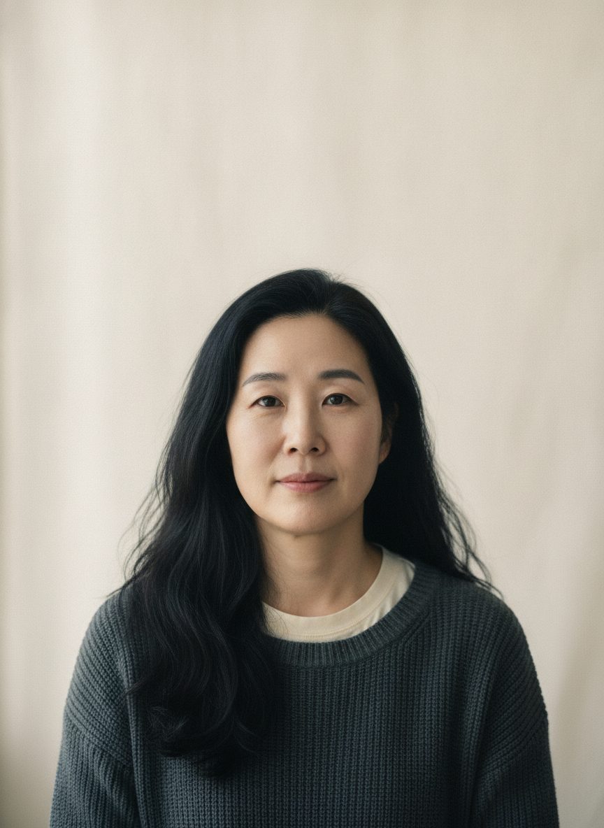 페일 샌드색 배경 앞에 선 50대 초반 한국인 여성의 세로 상반신