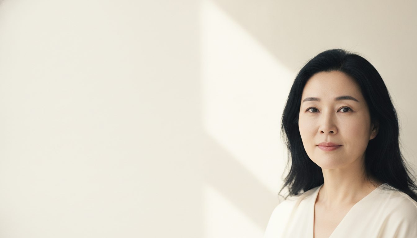페일 샌드색 배경 앞에서 정면을 편안하게 바라보는 50대 초반 한국인 여성의 상반신