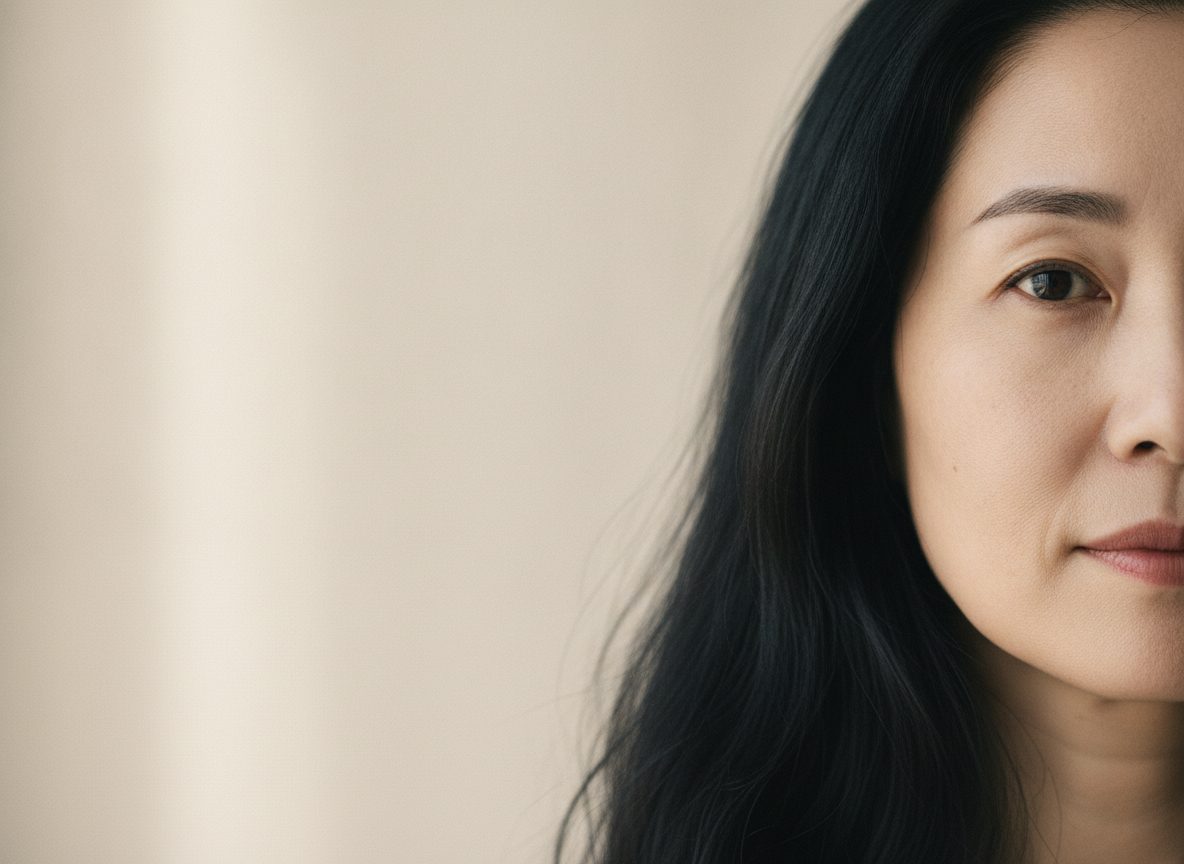 옆에서 가까이 잡은 50대 초반 여성의 볼과 턱선 피부 결