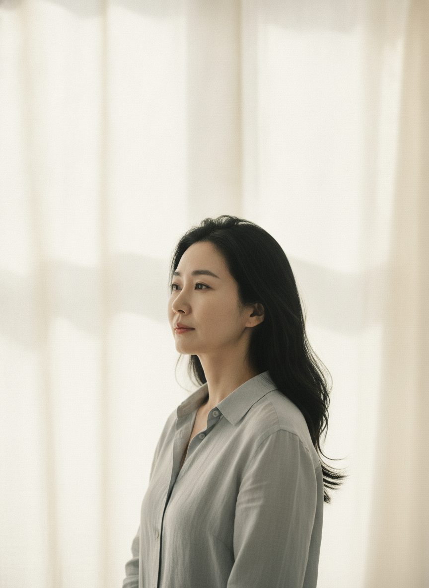 웜 리넨색 배경 앞에 서서 턱선을 보이는 40대 초반 한국인 여성의 세로 상반신
