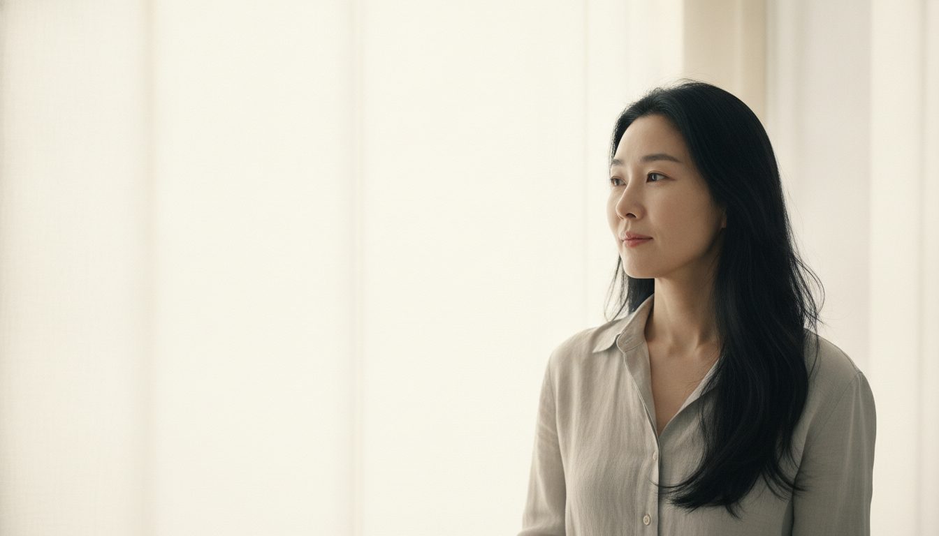 웜 리넨색 배경 앞에서 옆을 향해 턱선을 보이며 서 있는 40대 초반 한국인 여성의 상반신