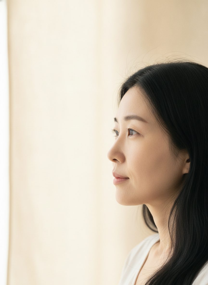 비스듬한 옆에서 본 40대 중반 여성의 턱선과 볼 아래 라인