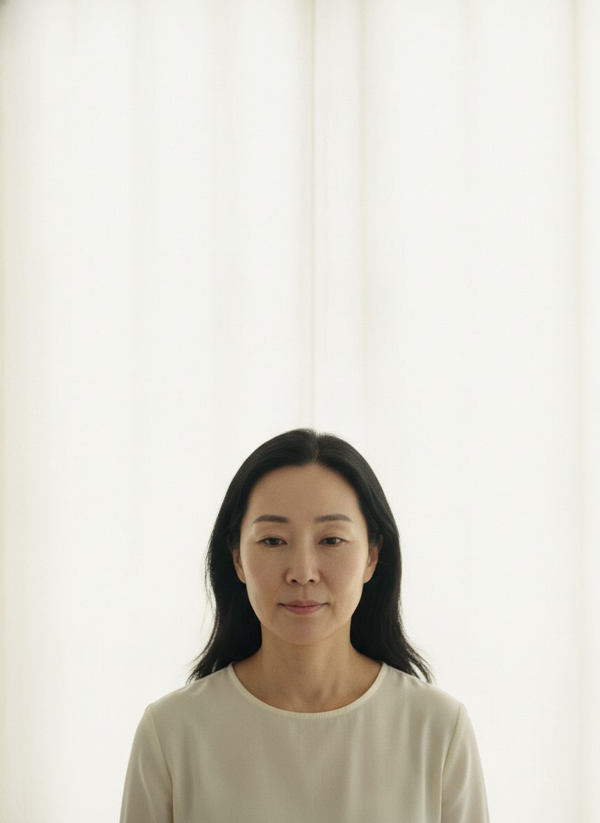 오트밀색 배경 앞에 조용히 서 있는 40대 후반 한국인 여성의 세로 상반신