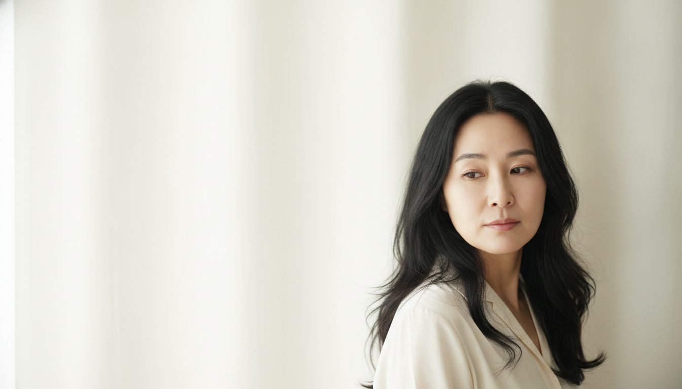 오트밀색 배경 앞에서 시선을 아래로 두고 조용히 서 있는 40대 후반 한국인 여성의 상반신