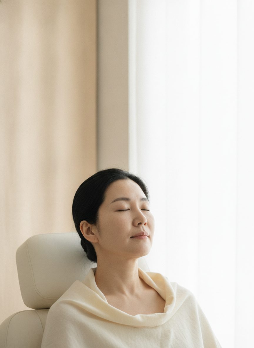피부 상태를 살피며 주입할 범위를 확인하는 진료 장면