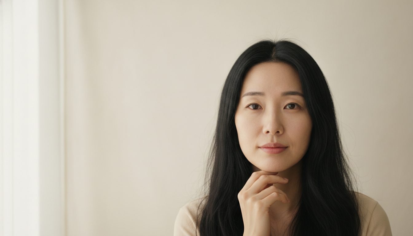 페일 샌드색 배경 앞에서 손끝을 턱선 가까이 두고 정면을 보는 30대 후반 한국인 여성의 상반신