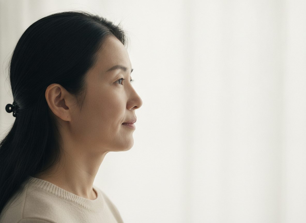 귀 아래에서 턱끝으로 이어지는 옆얼굴 윤곽을 가까이 잡은 사진