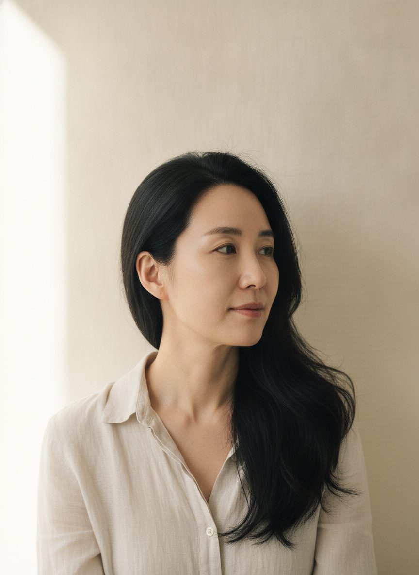 웜 리넨색 배경 앞에 선 40대 중반 한국인 여성의 세로 상반신