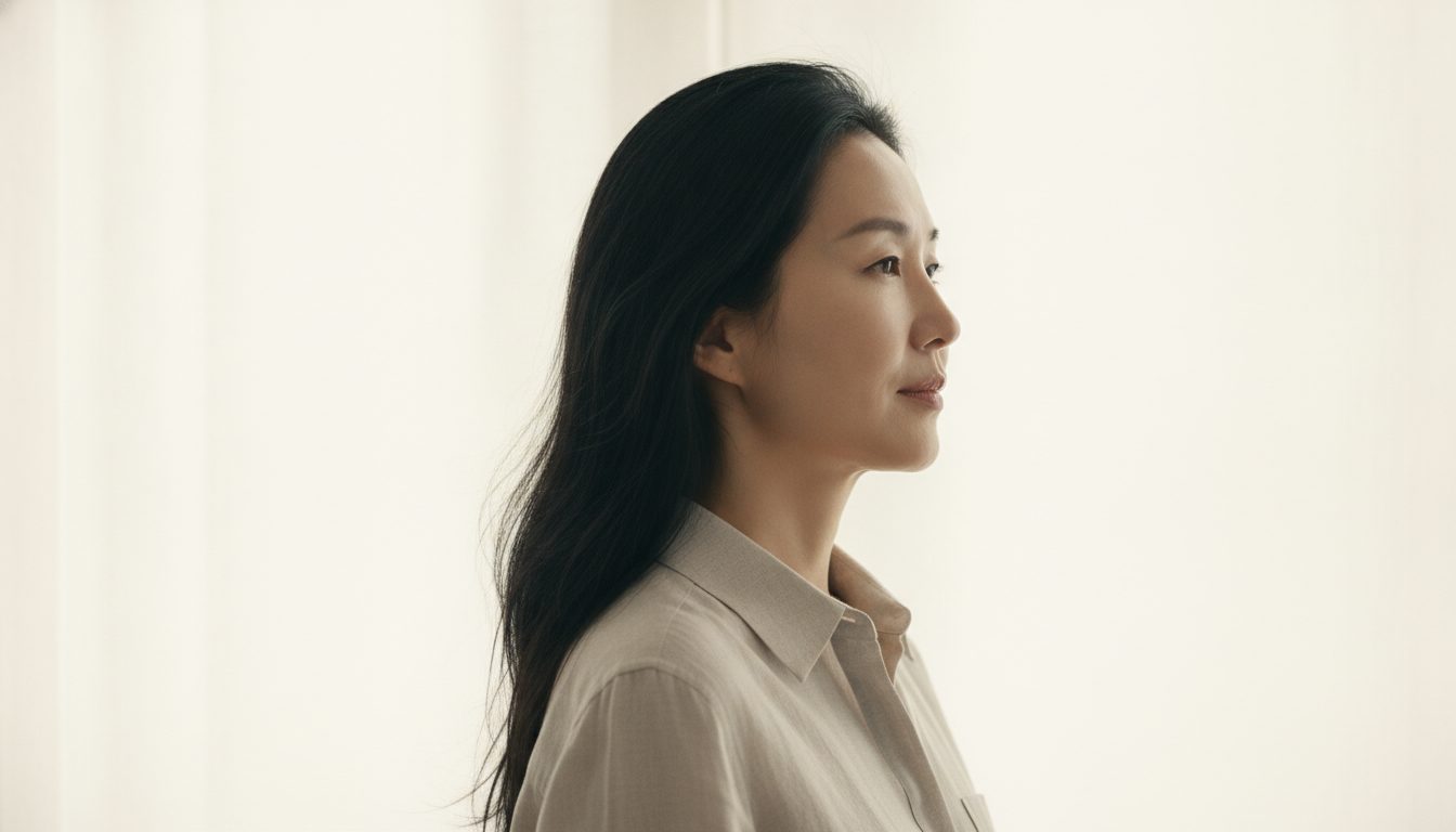 웜 리넨색 배경 앞에서 고개를 살짝 돌려 턱선이 보이는 40대 중반 한국인 여성의 상반신