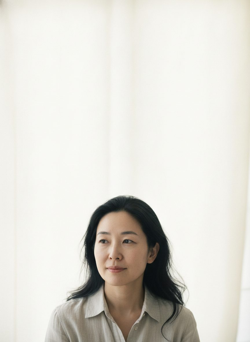 밝은 크림 아이보리 배경 앞에서 카메라 조금 옆을 편안하게 바라보는 40대 초반 한국인 여성의 세로 상반신