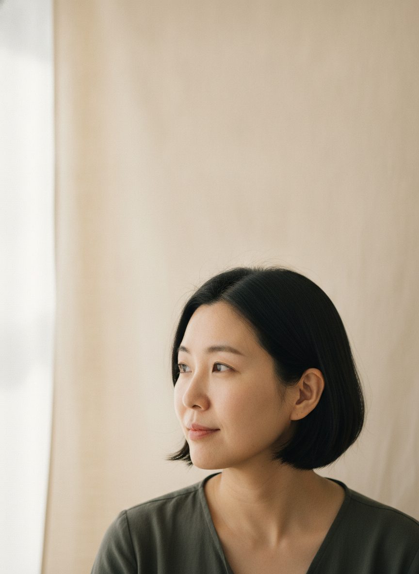 고개를 살짝 돌려 턱선과 목선이 보이는 30대 중반 여성