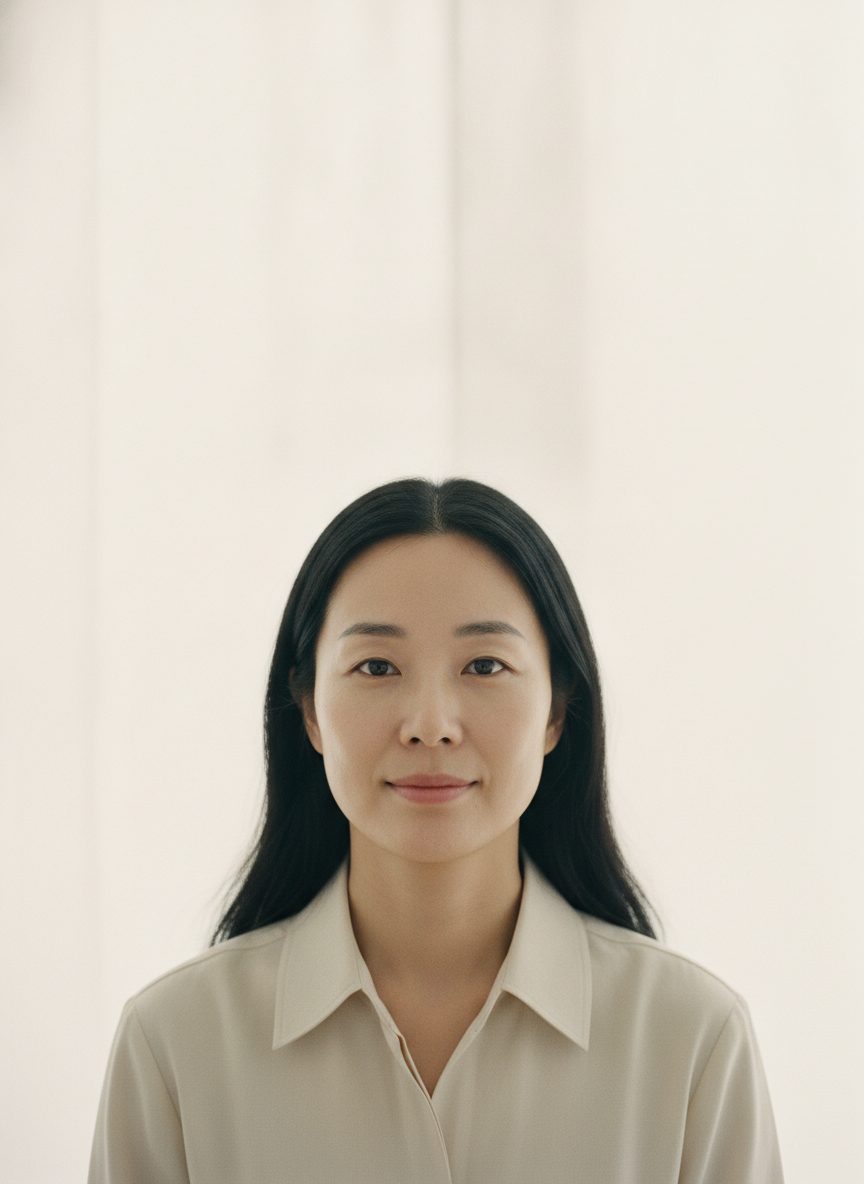 페일 샌드 배경 앞에 선 40대 초반 한국인 여성의 세로 상반신