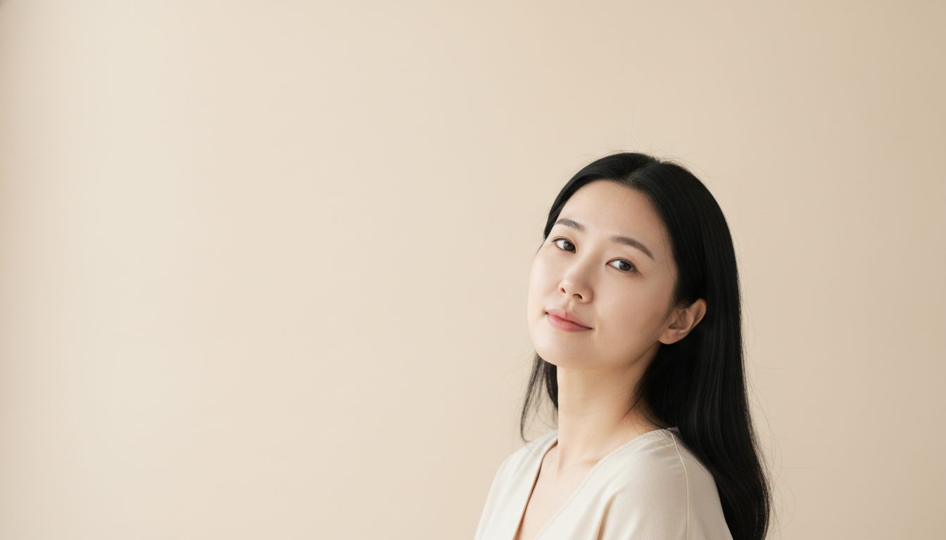 페일 샌드 배경 앞에서 정면을 바라보는 40대 초반 한국인 여성의 상반신