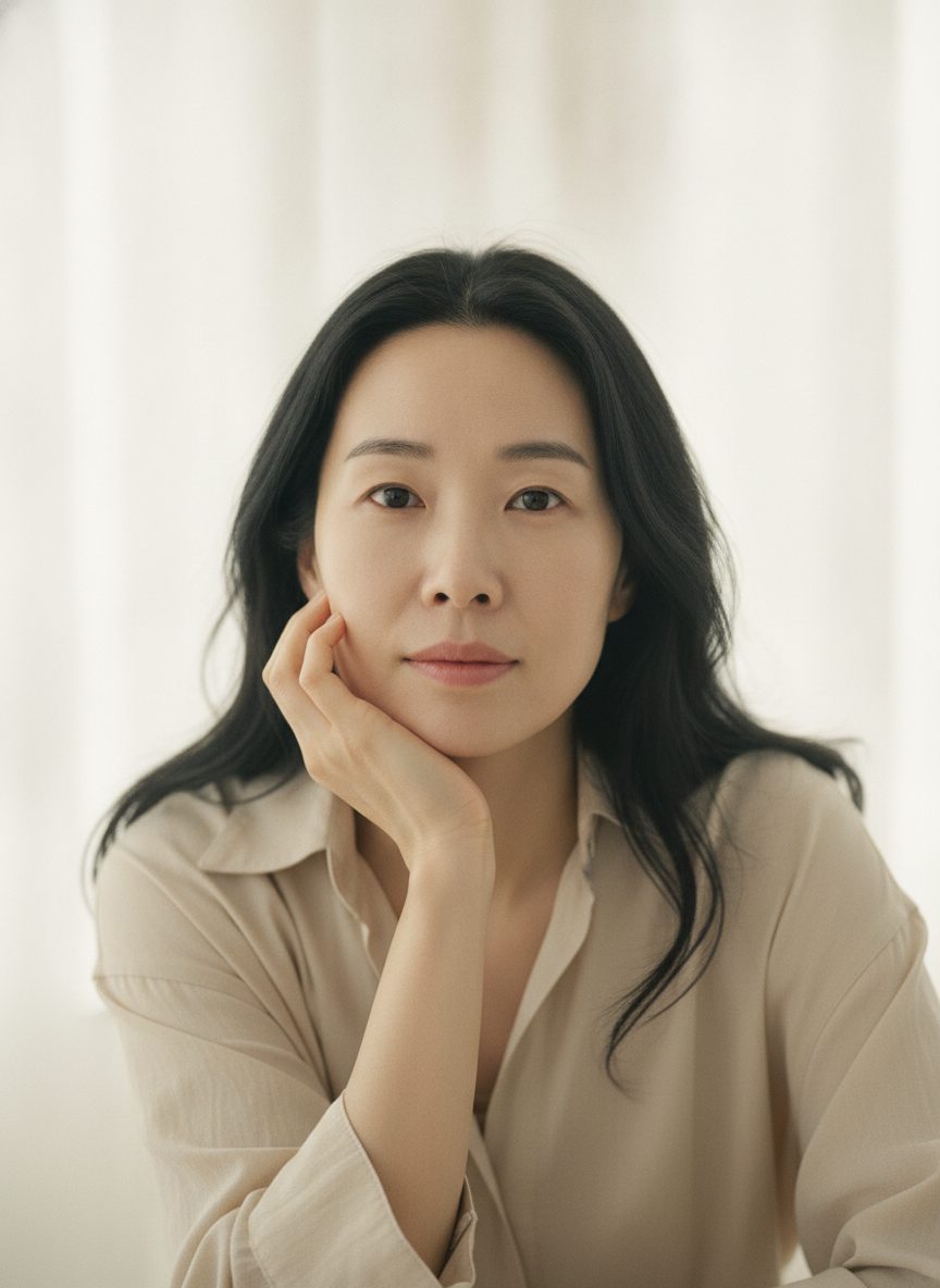 페일 샌드색 배경 앞에 선 30대 후반 한국인 여성의 세로 상반신
