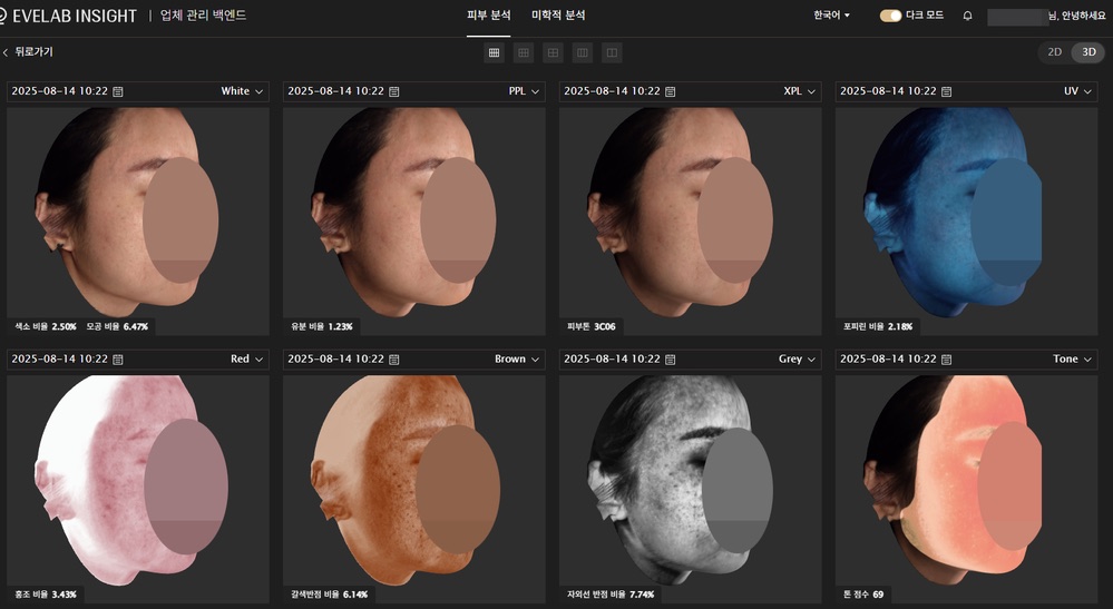 분석 화면에 여덟 가지 모드로 나뉘어 표시된 얼굴 분석 결과