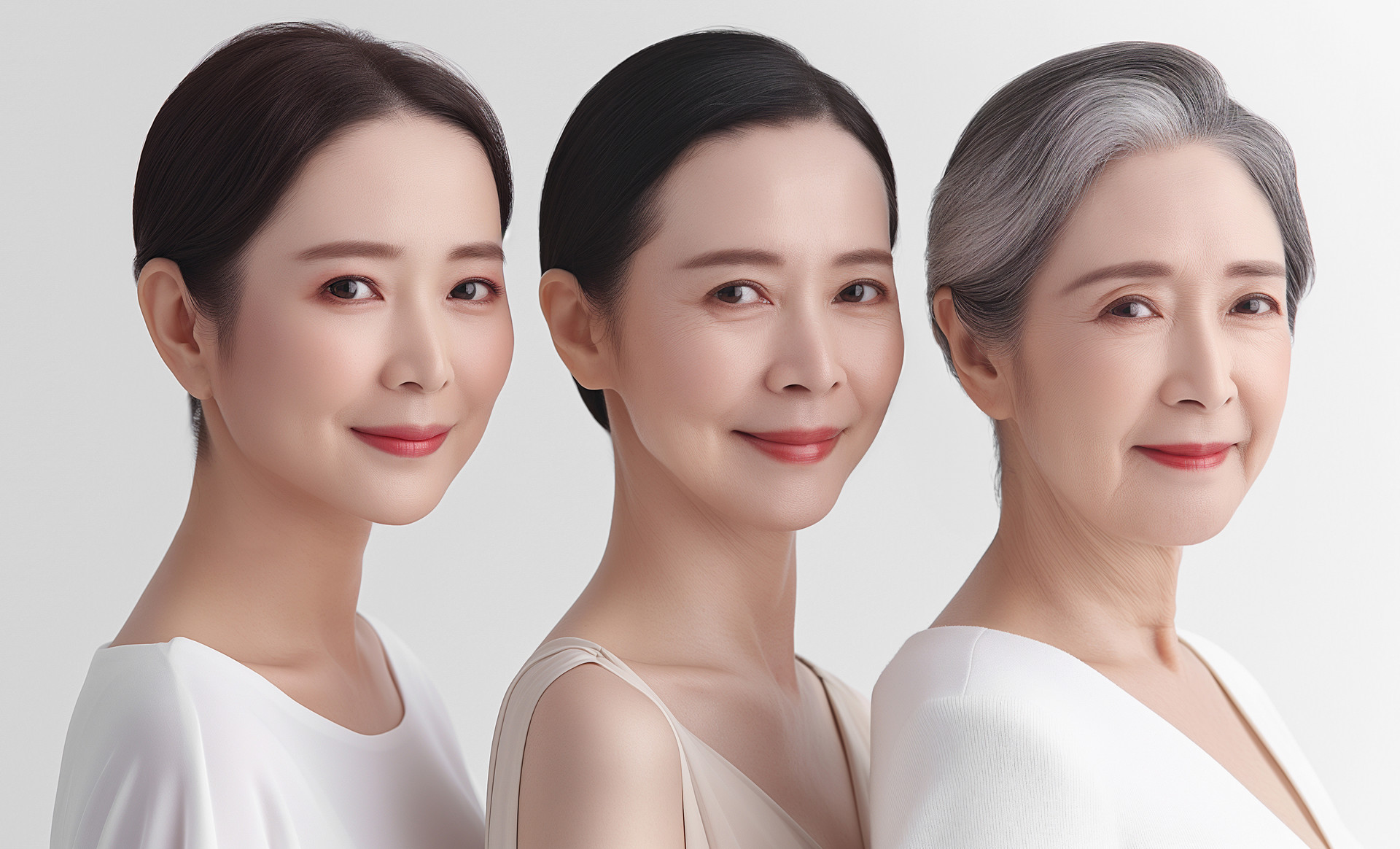 연령대가 다른 여성 세 명이 나란히 서서 얼굴 옆선을 보이는 모델 사진
