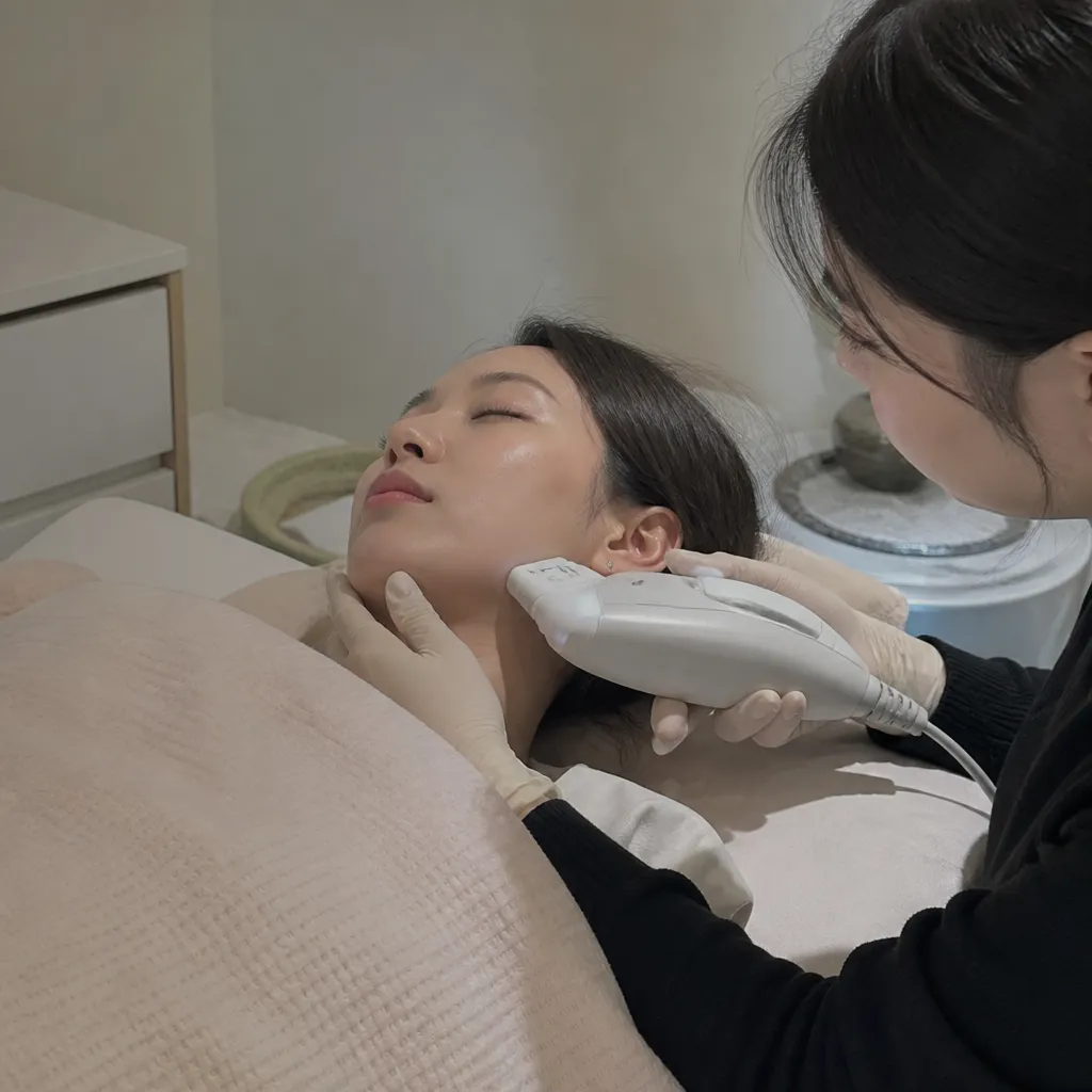 리프팅 시술이 진행되는 편안한 클리닉 시술실 일러스트
